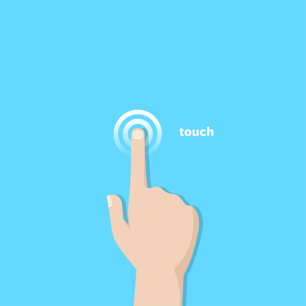 touch A hand with an extended finger pressing on the touch surface, a flat image pushing stock illustrations