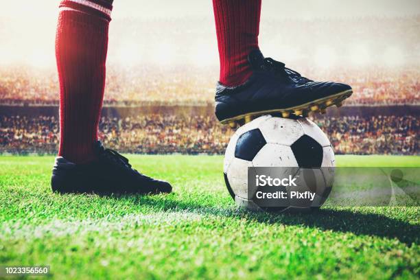 Soccer Football Player Tread On The Ball At Kick Off Line Stock Photo - Download Image Now
