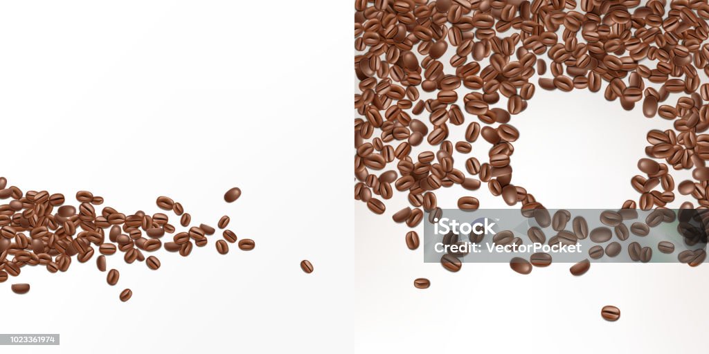 Vector 3d realistic seeds of coffee, beans Vector 3d realistic coffee seeds isolated on white background. Top view of fresh arabica beans. Mock up, template for advertising poster, promotion banner Roasted Coffee Bean stock vector