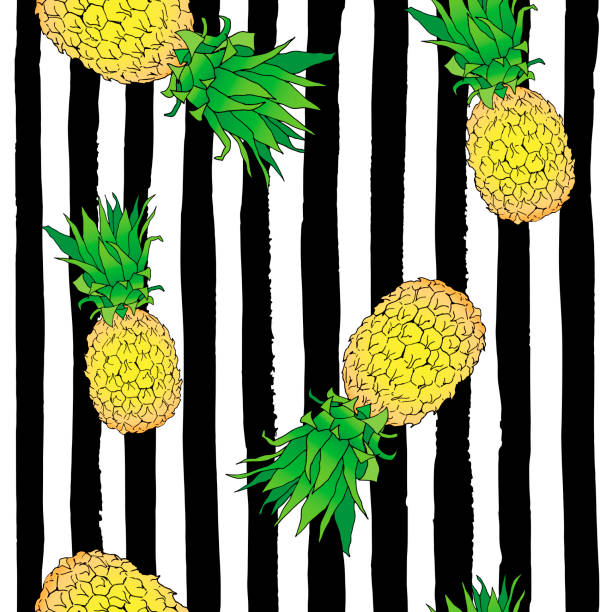 ilustrações de stock, clip art, desenhos animados e ícones de seamless pattern of exotic fruit pineapple on black strips - agriculture backgrounds cabbage close up