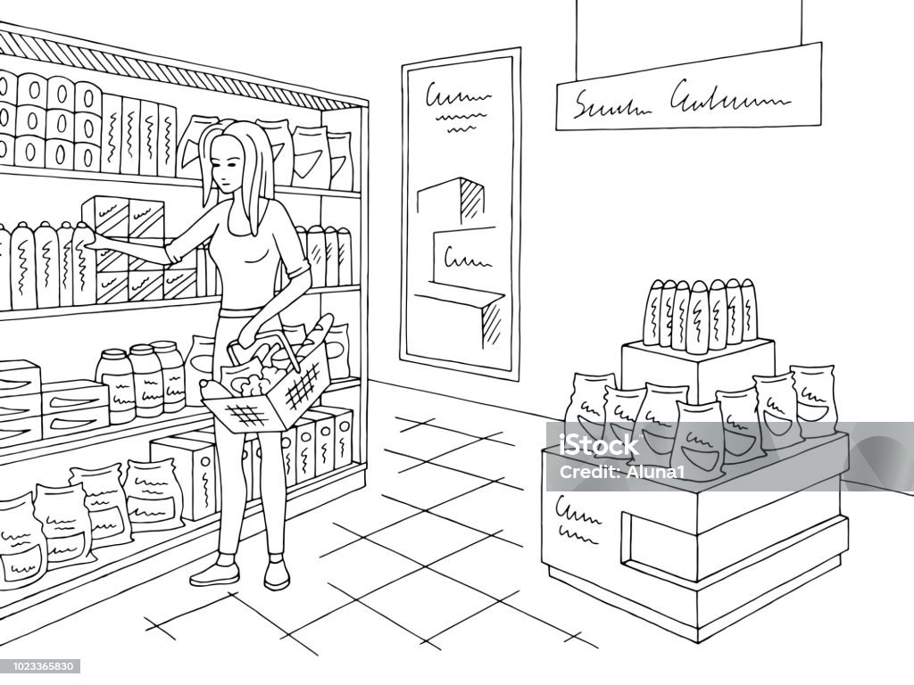 Grocery store shop interior black white graphic sketch illustration vector. Woman buying products Supermarket stock vector