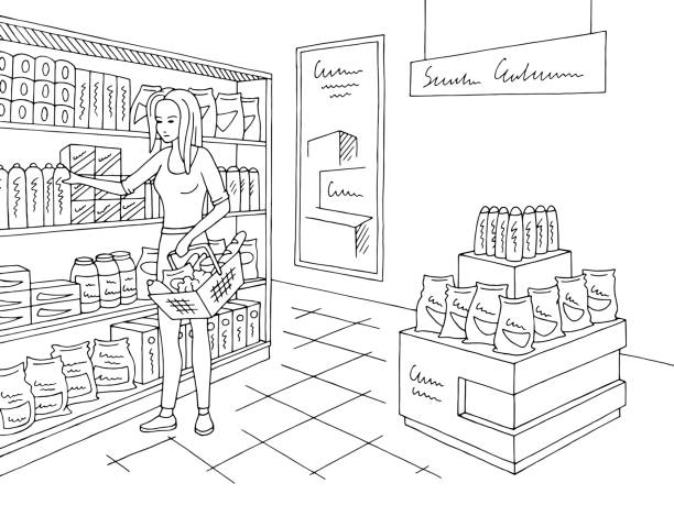 Grocery store shop interior black white graphic sketch illustration vector. Woman buying products Grocery store shop interior black white graphic sketch illustration vector. Woman buying products supermarket drawings stock illustrations