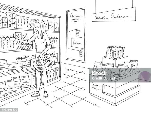 Grocery Store Shop Interior Black White Graphic Sketch Illustration Vector Woman Buying Products Stock Illustration - Download Image Now