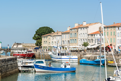 Isle of Re, France - August 6 2018 : the old port of Saint-Martin is the most picturesque of the Isle of Re, located right in front of La Rochelle on the west coast of France, and very popular in summer.