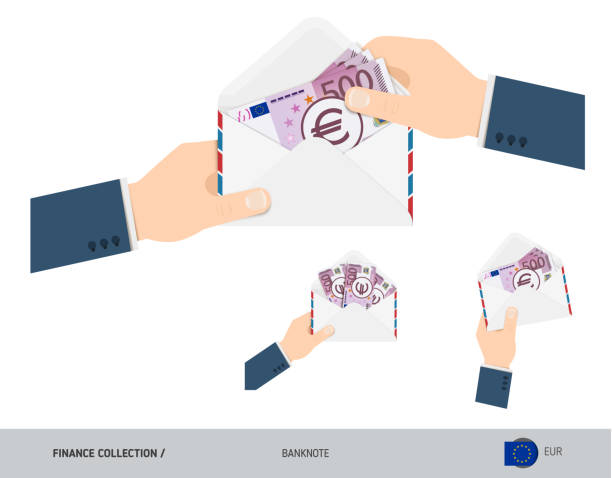 500 евро банкноты в конверте держат в руке. группа плоского стиля открыла белые конверты с наличными деньгами. выплата заработной платы или к - bank symbol computer icon european union euro note stock illustrations