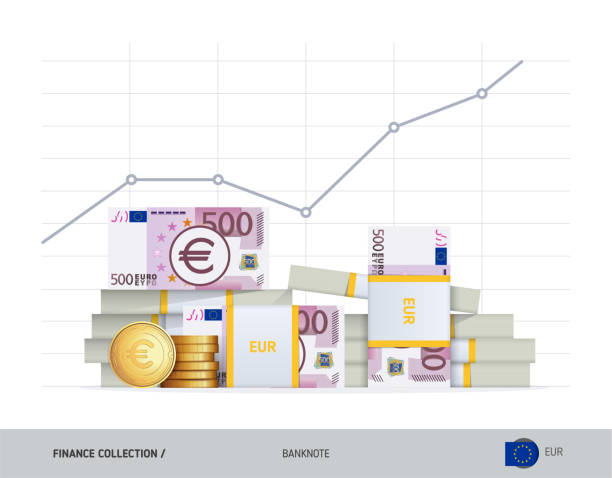 график роста с пачками банкнот номиналом 500 евро и монет. иллюстрация вектора плоского стиля. рост финансовой и экономической концепции. - bank symbol computer icon european union euro note stock illustrations