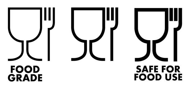 illustrations, cliparts, dessins animés et icônes de signe matériel sûr de nourriture. vin symbole de verre et fourchette, ce qui signifie des plastiques est sans danger. - food safety