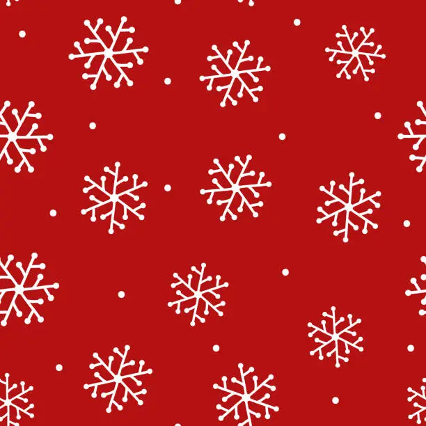 Vector illustration of Repeated snowflakes drawn by hand and round dot. New Year seamless pattern. Sketch, doodle.