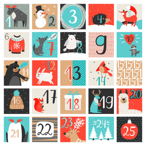 bildbanksillustrationer, clip art samt tecknat material och ikoner med adventskalender. december nedräkning kalender vektorillustration, julafton kreativa vintern bakgrund set med siffror - första advent