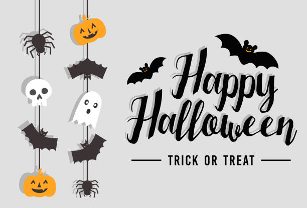 happy halloween text banner z nietoperza, pająka, dyni i ducha, vector - halloween decoration illustrations stock illustrations