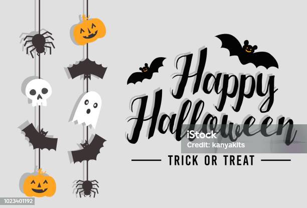 Happy Halloween Text Banner With Bat Spider Pumpkin And Ghost Vector Stock Illustration - Download Image Now