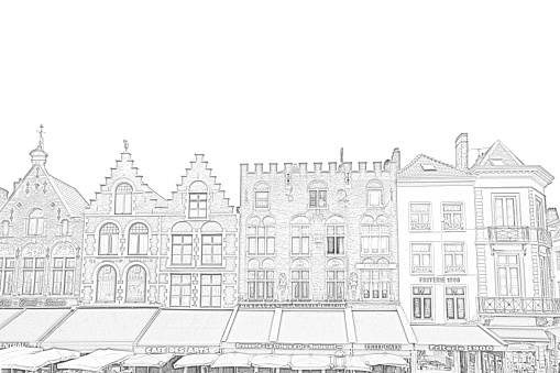 Building exteriors in Bruges with elaborate decoration on the exterior. these are buildings on the Grand Place opposite the Town Hall. The image has been heavily post processed to resemble a pen and ink sketch.