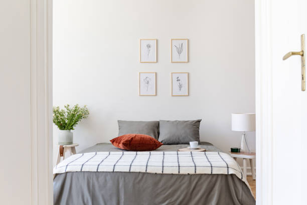 istock Posters above grey bed with patterned blanket and red pillow in white bedroom interior. Real photo 1023417746
