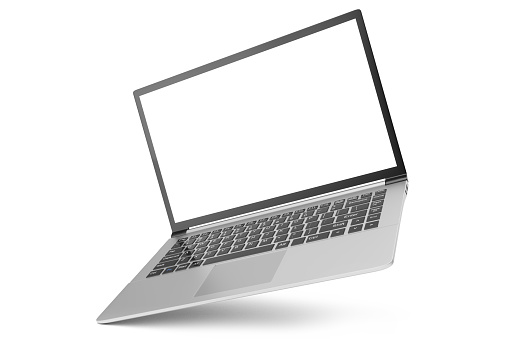 Ilustración 3D portátil aislado en fondo blanco. Portátil con vacío, portátil con pantalla en un ángulo. photo
