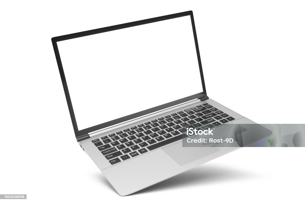 3D Illustration isoliert Laptop auf weißem Hintergrund. Laptop mit dem leeren Raum, Bildschirm Laptop in einem Winkel. - Lizenzfrei Laptop Stock-Foto