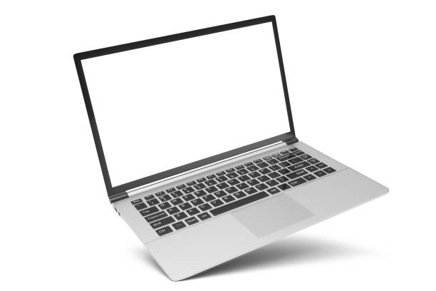 3d illustration isoliert laptop auf weißem hintergrund. laptop mit dem leeren raum, bildschirm laptop in einem winkel. - freisteller – neutraler hintergrund stock-fotos und bilder
