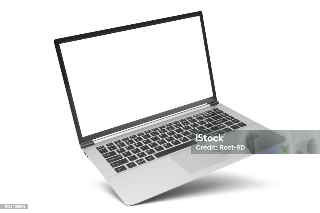 Ilustração 3D Laptop isolado no fundo branco. Laptop com espaço vazio, tela computador portátil em um ângulo. - Foto de stock de Laptop royalty-free