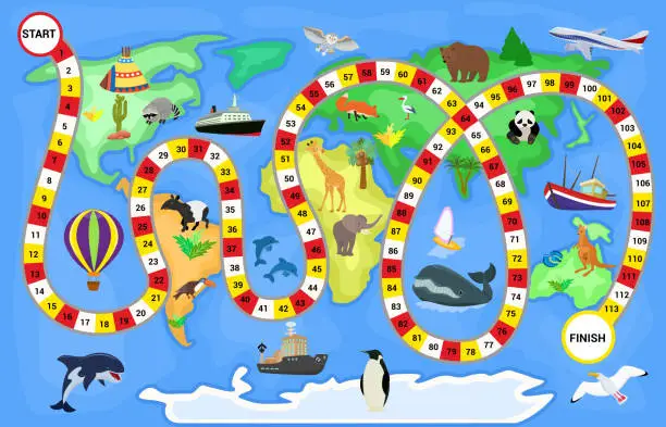 Vector illustration of Board game vector cartoon kids boardgame on world map background with playing path or way starting in ocean and finishing in continent on children illustration