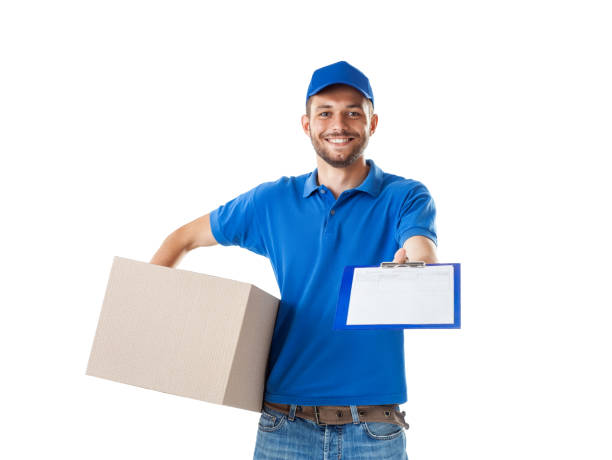 istock Young smiling courier delivering parcel boxes and stretch blank to the customer 1023438286