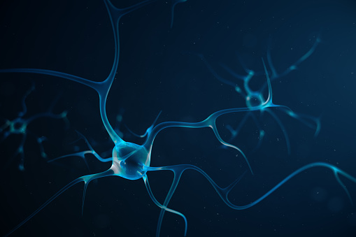 Conceptual illustration of neuron cells with link knots. Synapse and neuron cells sending electrical chemical signals. Neuron of Interconnected neurons with electrical pulses. 3D illustration