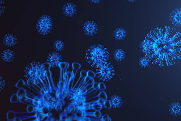 3d illustration abstract virus and germs, bacteria, cell infected organism. influenza virus h1n1, swine flu on abstract background. blue viruses glowing in attractive colour. - virus molecular structure healthcare and medicine russian influenza imagens e fotografias de stock