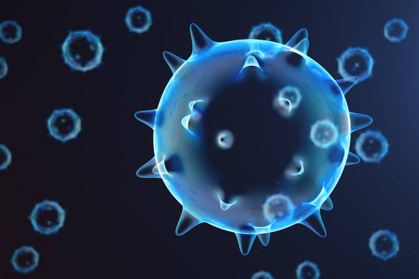 3d illustration abstract virus and germs, bacteria, cell infected organism. influenza virus h1n1, swine flu on abstract background. blue viruses glowing in attractive colour. - virus molecular structure healthcare and medicine russian influenza imagens e fotografias de stock