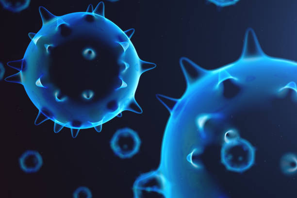 3d illustration abstract virus and germs, bacteria, cell infected organism. influenza virus h1n1, swine flu on abstract background. blue viruses glowing in attractive colour. - virus molecular structure healthcare and medicine russian influenza imagens e fotografias de stock