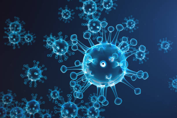 3d illustration abstract virus and germs, bacteria, cell infected organism. influenza virus h1n1, swine flu on abstract background. blue viruses glowing in attractive colour. - virus molecular structure healthcare and medicine russian influenza imagens e fotografias de stock