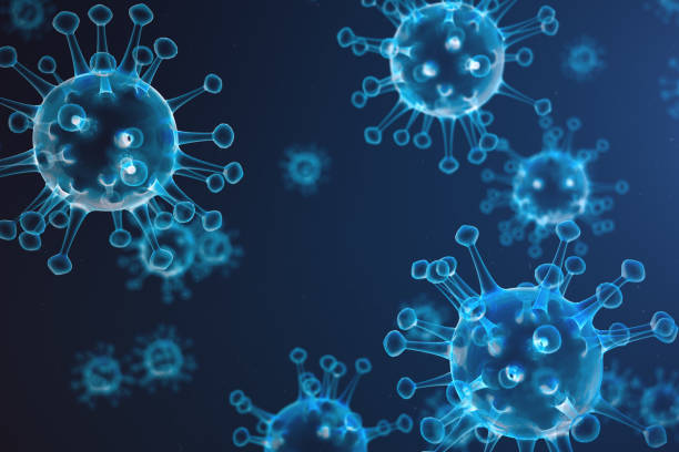 3d illustration abstract virus and germs, bacteria, cell infected organism. influenza virus h1n1, swine flu on abstract background. blue viruses glowing in attractive colour. - virus molecular structure healthcare and medicine russian influenza imagens e fotografias de stock