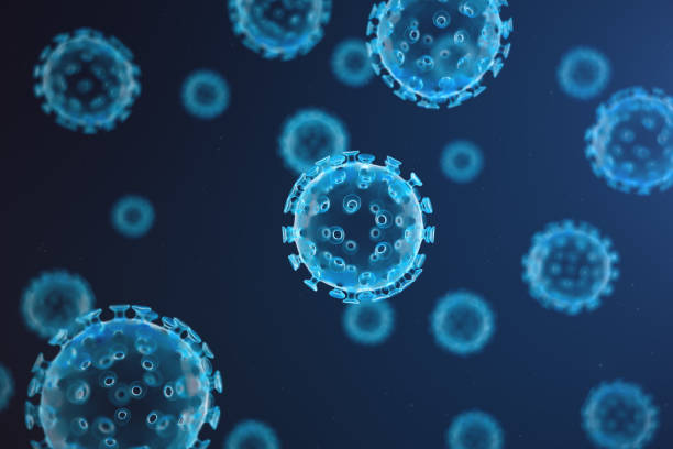 3d illustration abstract virus and germs, bacteria, cell infected organism. influenza virus h1n1, swine flu on abstract background. blue viruses glowing in attractive colour. - virus molecular structure healthcare and medicine russian influenza imagens e fotografias de stock