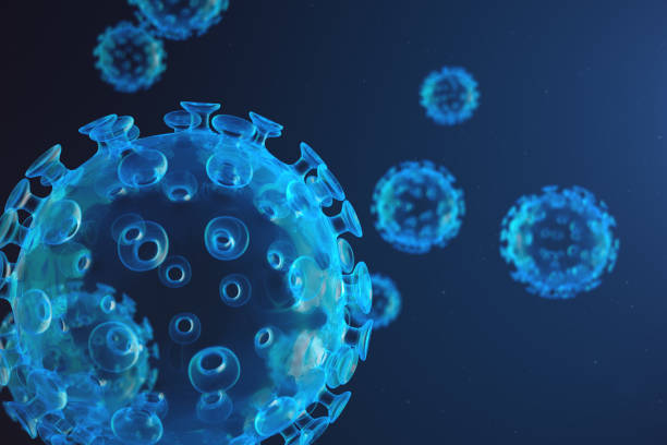 3d illustration abstract virus and germs, bacteria, cell infected organism. influenza virus h1n1, swine flu on abstract background. blue viruses glowing in attractive colour. - virus molecular structure healthcare and medicine russian influenza imagens e fotografias de stock