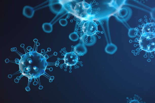 3d illustration abstract virus and germs, bacteria, cell infected organism. influenza virus h1n1, swine flu on abstract background. blue viruses glowing in attractive colour. - virus molecular structure healthcare and medicine russian influenza imagens e fotografias de stock