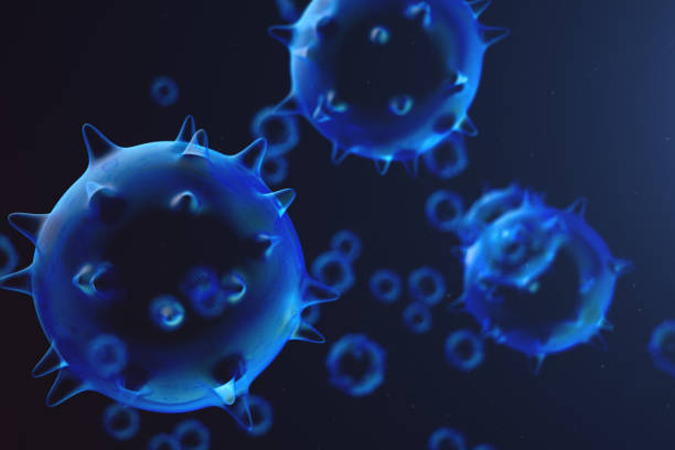 3d illustration abstract virus and germs, bacteria, cell infected organism. influenza virus h1n1, swine flu on abstract background. blue viruses glowing in attractive colour. - virus molecular structure healthcare and medicine russian influenza imagens e fotografias de stock