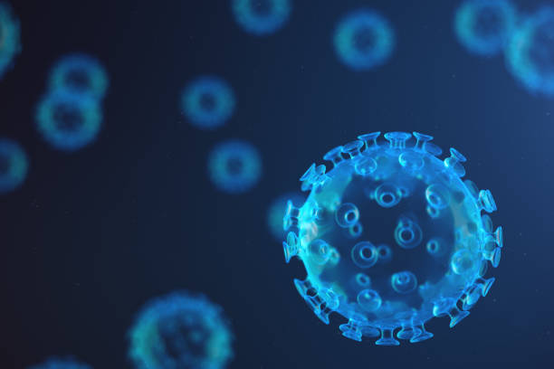 3d illustration abstract virus and germs, bacteria, cell infected organism. influenza virus h1n1, swine flu on abstract background. blue viruses glowing in attractive colour. - virus molecular structure healthcare and medicine russian influenza imagens e fotografias de stock
