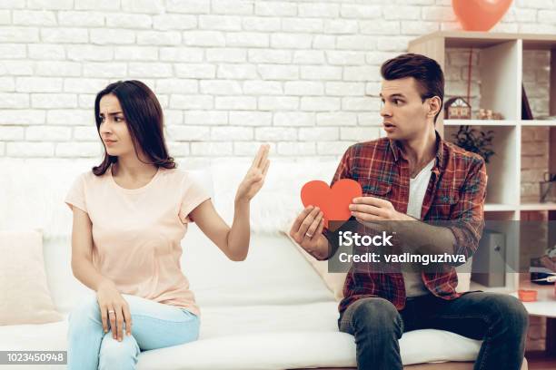 The Girl Refuses Boyfriend On Valentines Day Stock Photo - Download Image Now - Anger, Girlfriend, Displeased