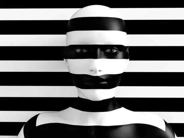 3D rendering of a womans face trying to blend in with the black and white striped background, afraid to show her true colours. She is standing with her head against the wall and hiding like a wallflower.