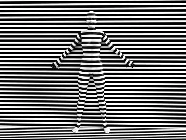 3D rendering of a woman trying to blend in with the black and white striped background, afraid to show her true colours. She is standing with her back against the wall and hiding like a wallflower.