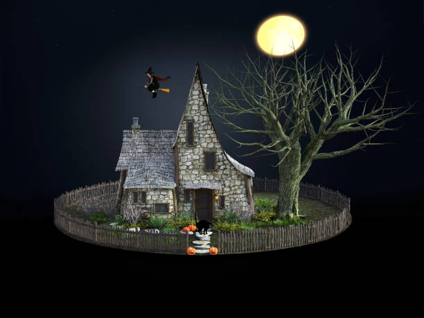 istock 3D rendering of spooky house and flying witch. 1023461650