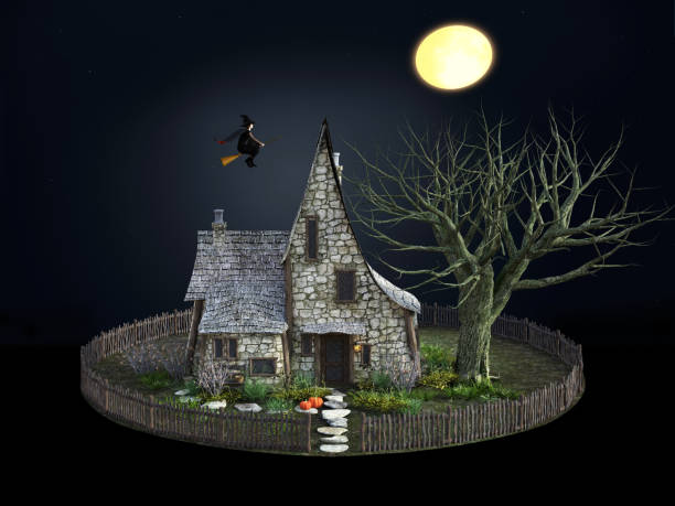 3D rendering of a spooky witch house at night with halloween pumpkins, a flying witch and a full moon.
