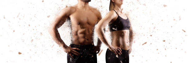 tworzenie idealnej koncepcji męskiej i żeńskiej górnej części ciała - muscular build chest body building sport zdjęcia i obrazy z banku zdjęć