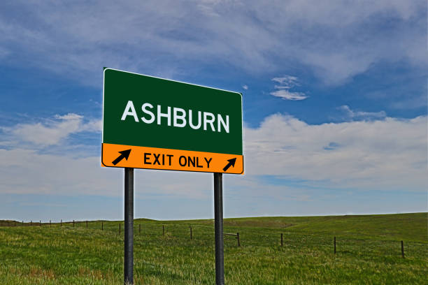 ASHBURN US Highway Exit Only Sign Composite Image of an "EXIT ONLY" US Highway / Interstate / Motorway for the town / city of ASHBURN ashburn virginia stock pictures, royalty-free photos & images