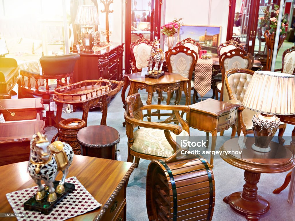 Antique furniture store Antique furniture store with wooden goods Furniture Stock Photo