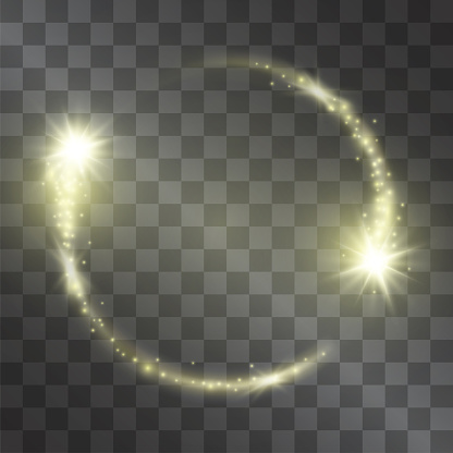 Light effect with circle frame golden comet with glowing tail of shining stardust sparkles, warm illumination. Glistening energy ring flow in motion. Luxurious design element.