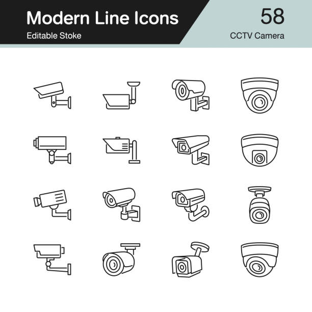 cctv-kamera-icons. moderne linienführung set 58. für präsentation, grafik-design, mobile anwendung, web-design, infografik, ui. editierbare schlaganfall. - analoger tonträger stock-grafiken, -clipart, -cartoons und -symbole