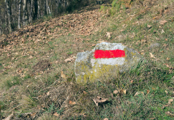 Red and white sign painted on rock marking hiking trail