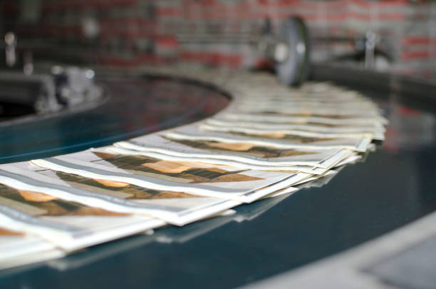Printing machine magazine production line, selective focus stock photo