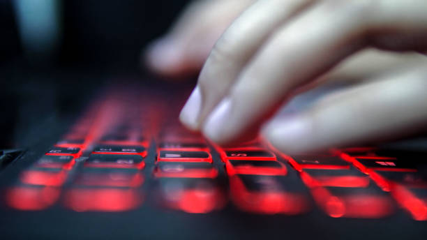 istock Nighttime laptop working, gaming, chatting, online dating, freelancer, translator, developer concept, cinematic dof 1023528826