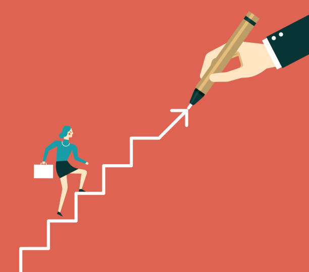 ilustraciones, imágenes clip art, dibujos animados e iconos de stock de escaleras de mano para una mujer de negocios - businesswoman winning competition staircase