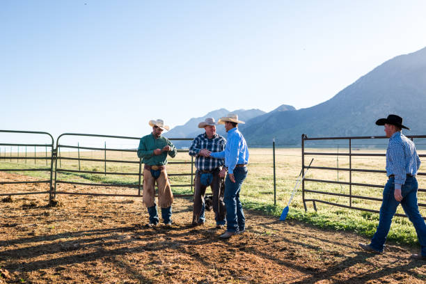 istock Ranchers having a conversation in an animal pen at sunrise 1023538822