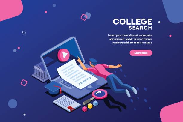 College Design for Web Page Teaching and research, college infographic. Tutorial online, courses, seminar, class at desk of knowledge. E-learning concept with characters. Flat isometric infographic images, vector illustration. professional video camera stock illustrations